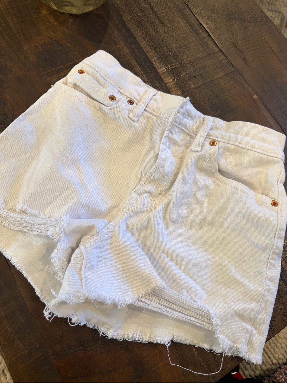 Levi's White High-Rise Frayed Hem Denim Shorts